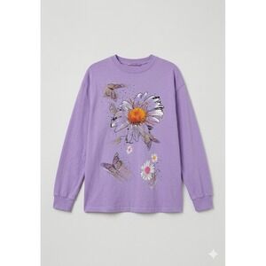 Maccapani Purple Daisy Butterfly Graphic Long Sleeve T-Shirt XL Oversized Y2K